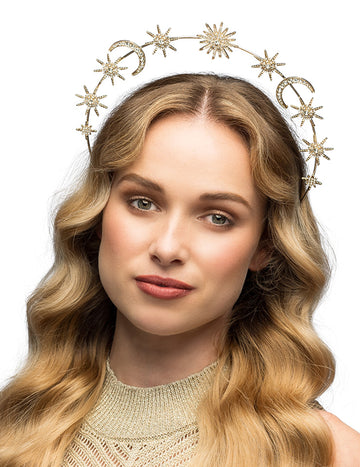 Fémes tiara napsütéssel, holdokkal és csillagokkal