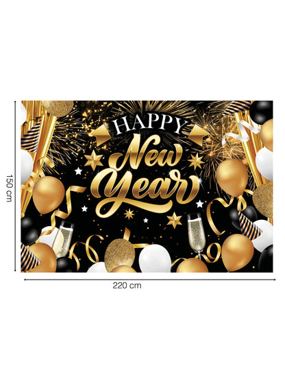 Fekete és arany Boldog Új Évet háttér, 220 x 150 cm cm