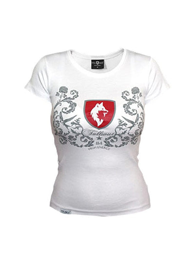 T-shirt Tollwut Faith pour femme blanc avec motif blason et loup rouge