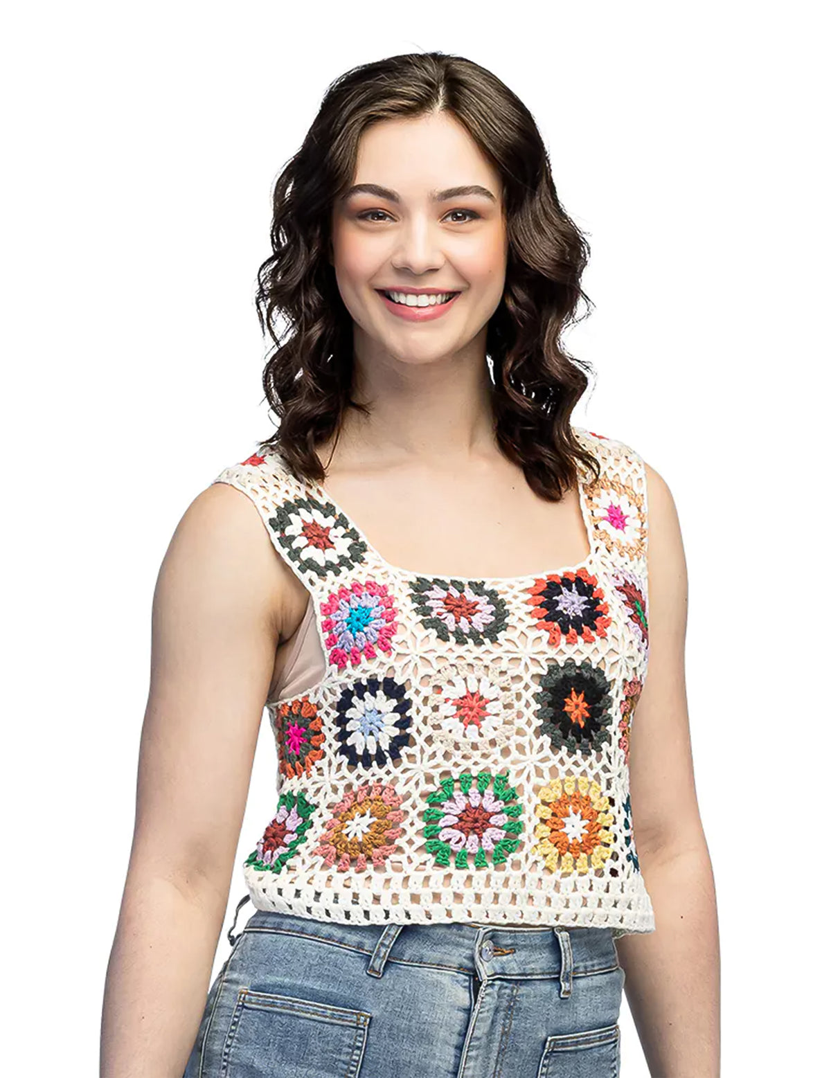 Top hippie floral en crochet pour adulte multicolore à motifs fleurs