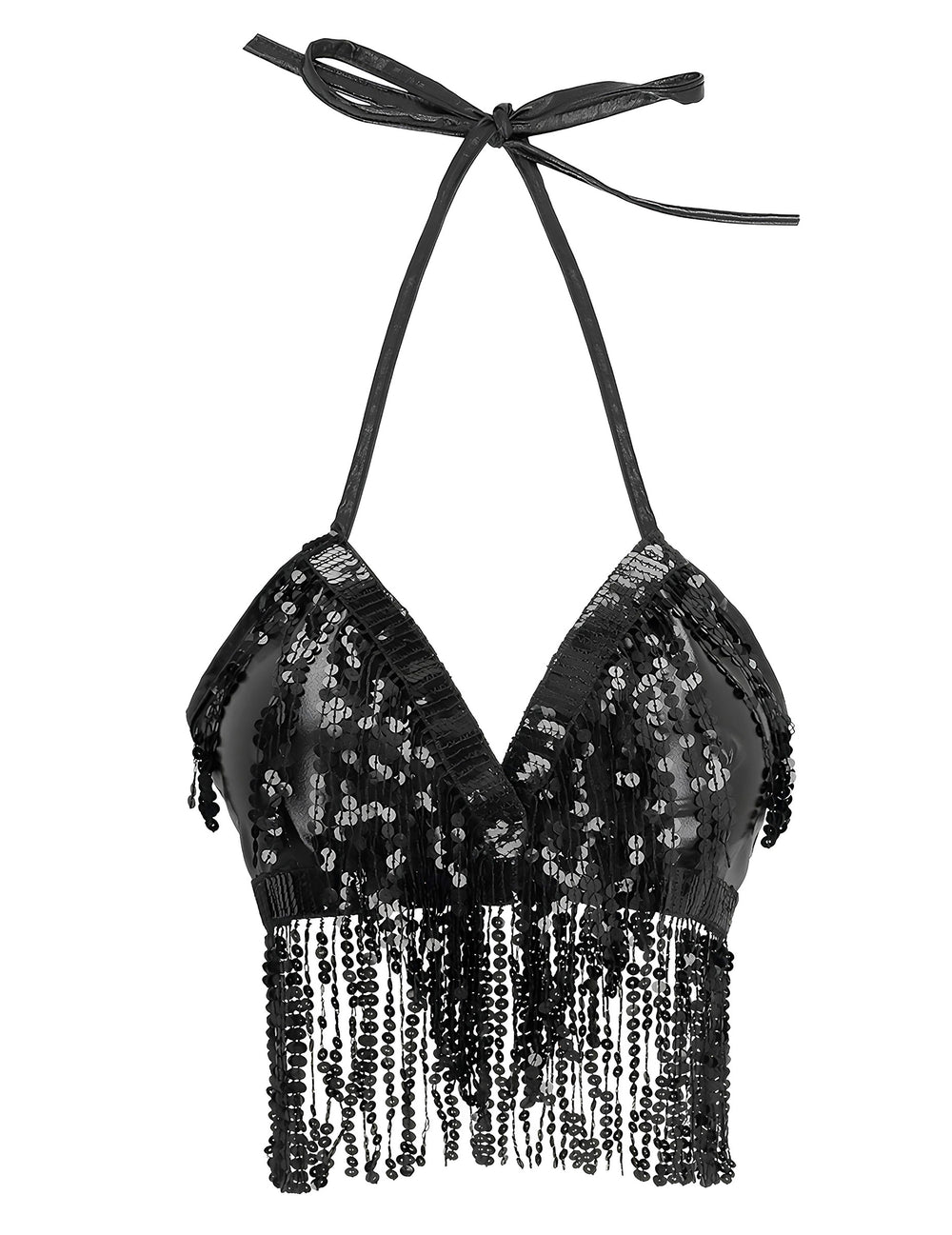 Vue de face du top avec franges et sequins pour femme noir