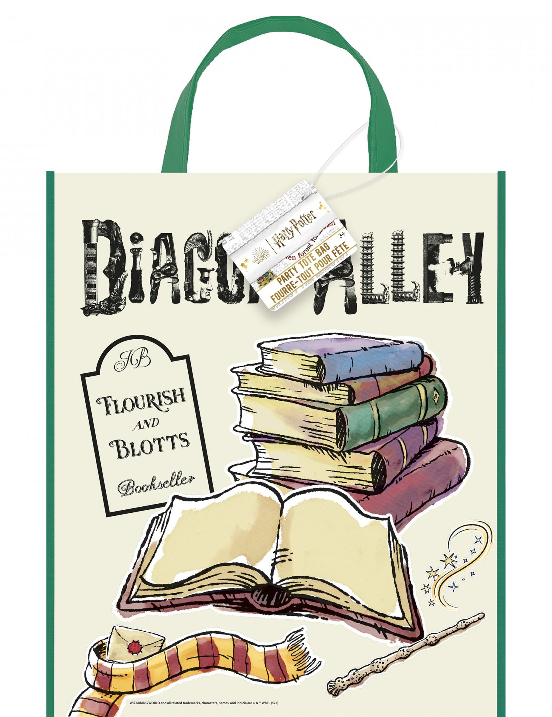 Tote bag plastique Harry Potter pour enfant beige et vert avec illustrations de livres et baguette