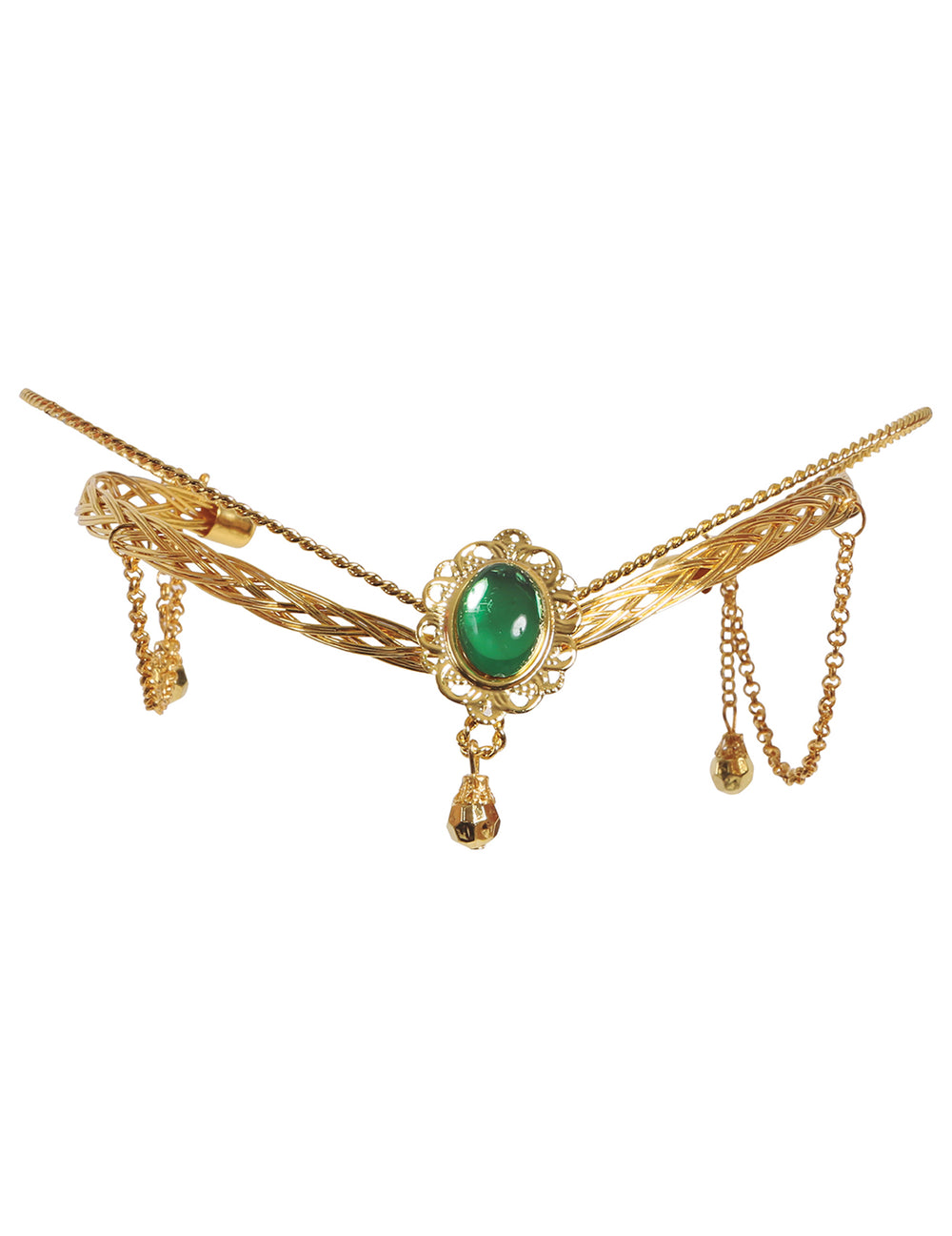 Détail de la pierre verte et des chaînettes du tour de tête princesse médiévale