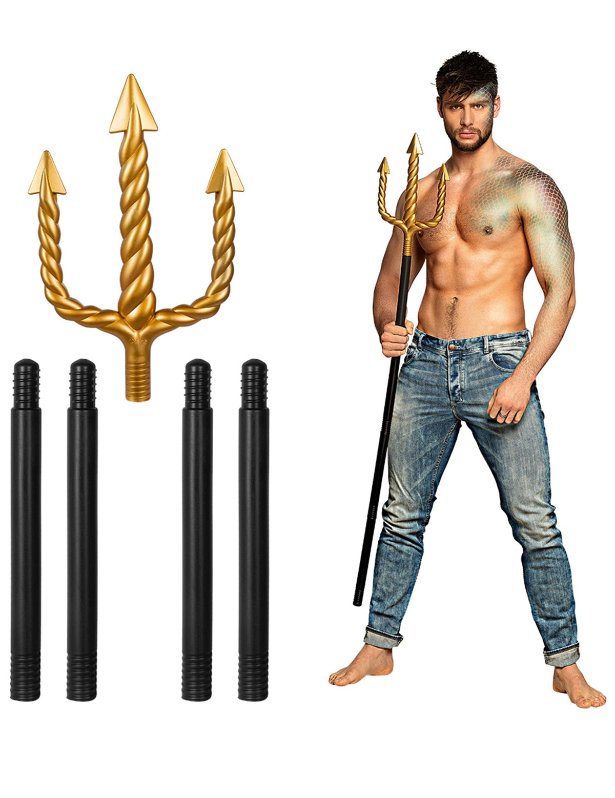 Détail des éléments et vue portée du Trident de Poséidon pour adulte