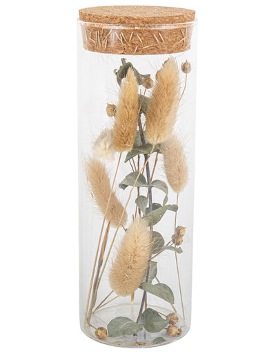 Tube en verre plumeaux et eucalyptus avec bouchon liège beige et vert