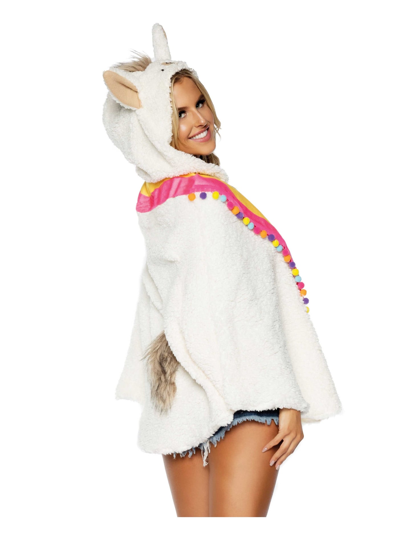 Vue de profil de la tunique avec bonnet lama pour adulte
