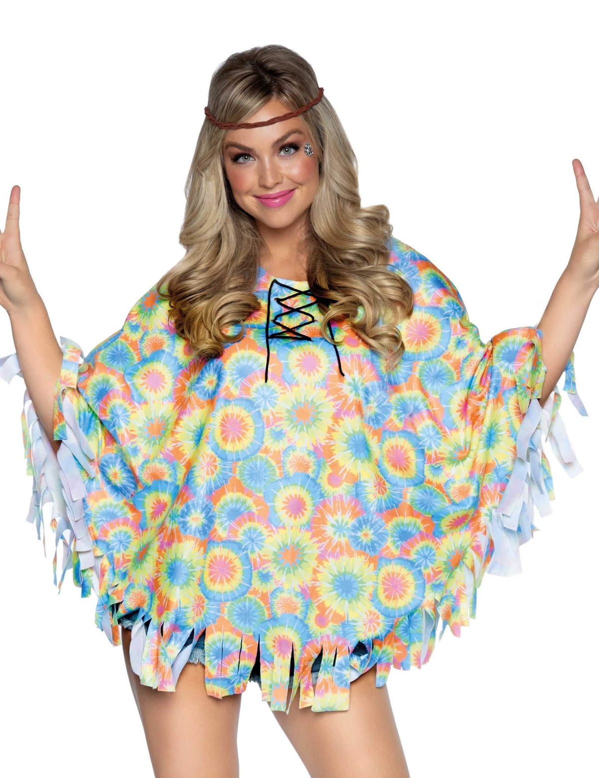 Tunikával és hippi fejpánttal nő sokszínű tie-dye mintás és rojtos