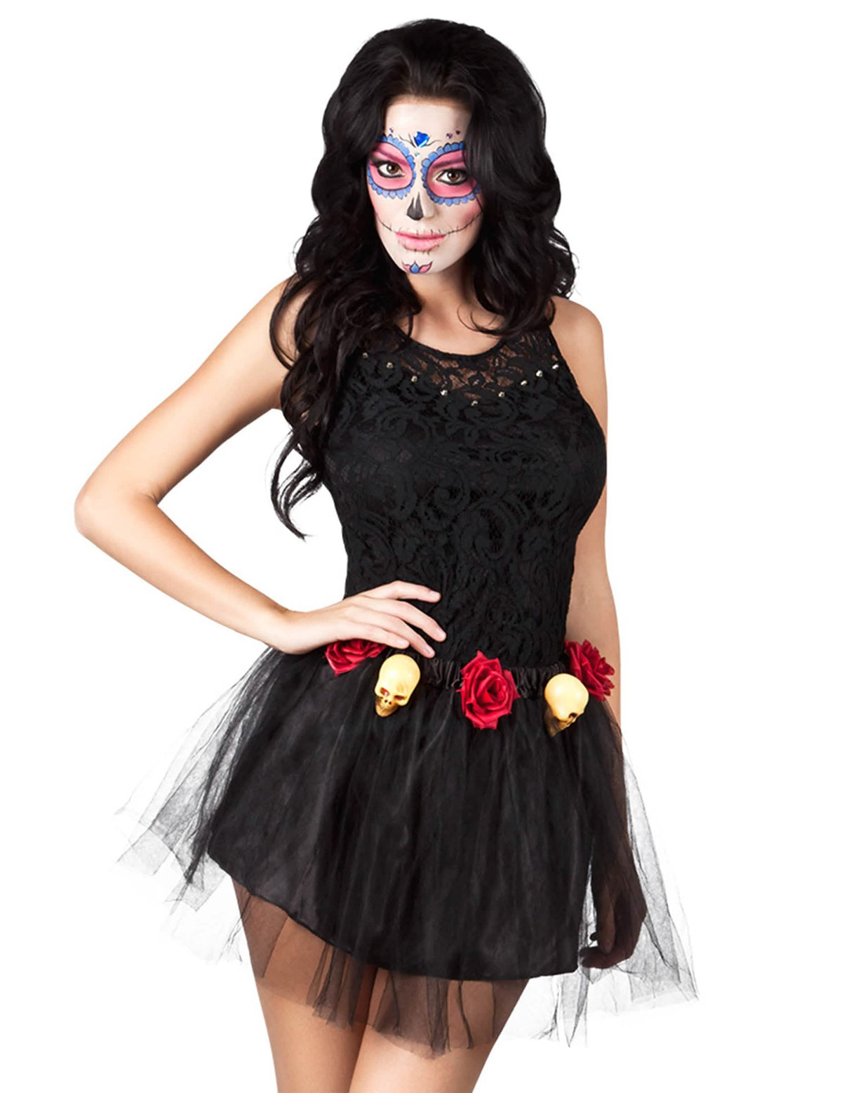 Tutu Dia de los muertos nő fekete piros rózsákkal és kis koponyákkal