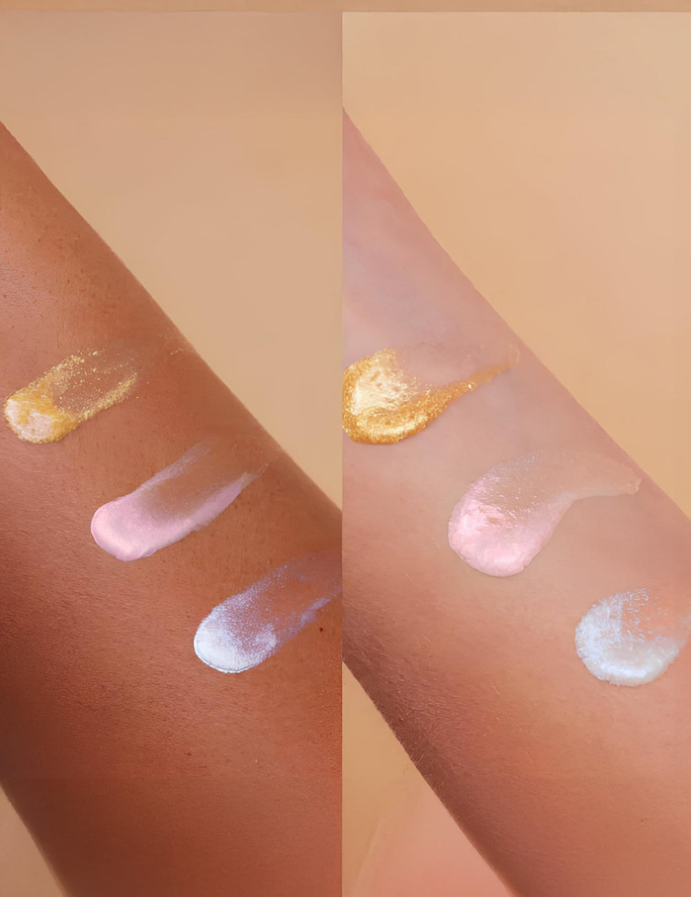 Rendu sur différentes carnations du Ultralighter Si si la paillette pour visage et corps doré