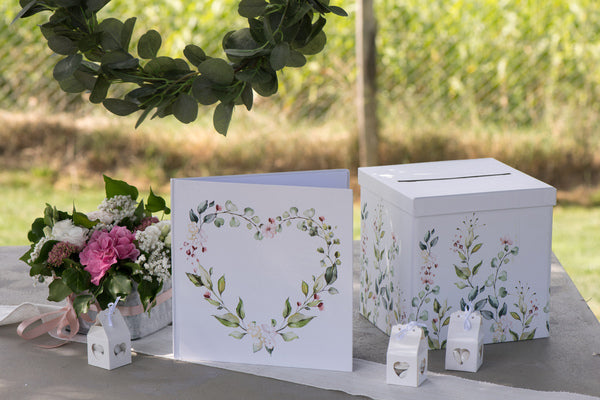 Botanikai mintás esküvői képeslapdoboz kartonból, 20 x 20 x 20 cm cm romantikus fehér