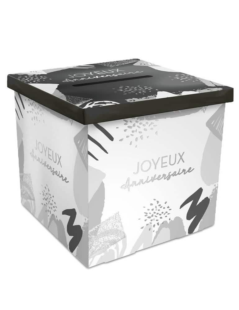 Urne en carton Joyeux anniversaire blanc et argenté