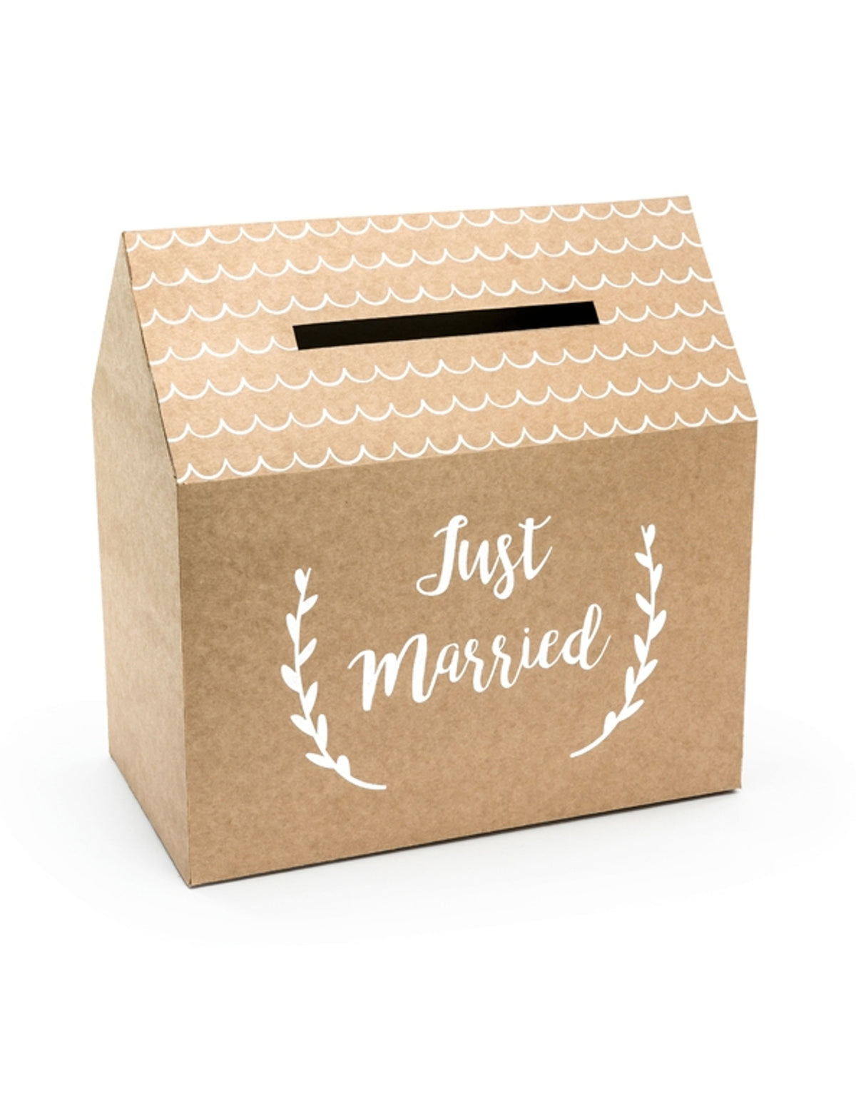 Urne Just Married pour mariage en carton kraft en forme de maison