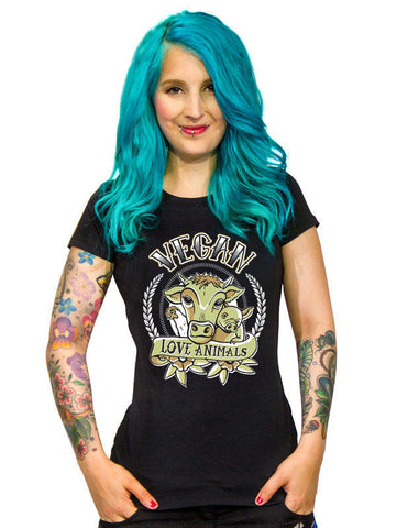 Vegan Girlie póló - Vegan Love Animals fekete-többszínű 