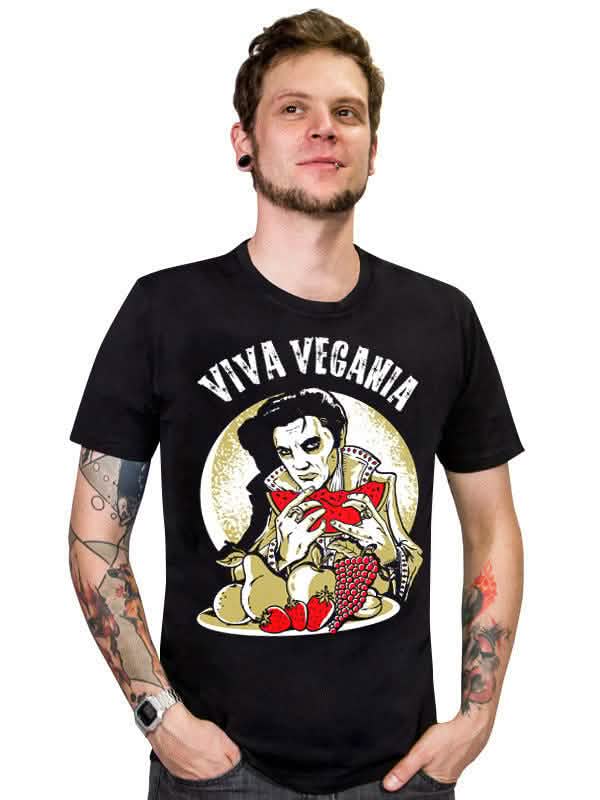 Pólók vegán Viva Vegania férfi fekete Elvist és gyümölcsök ábrázoló paródia mintával