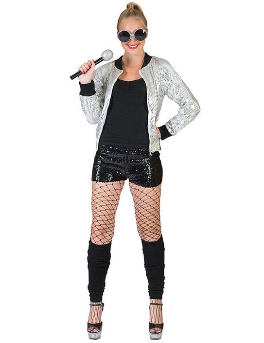 Veste à paillettes pour femme argentée avec bords noirs