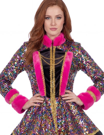 Détail du buste et du col de la veste à sequins de luxe pour femme