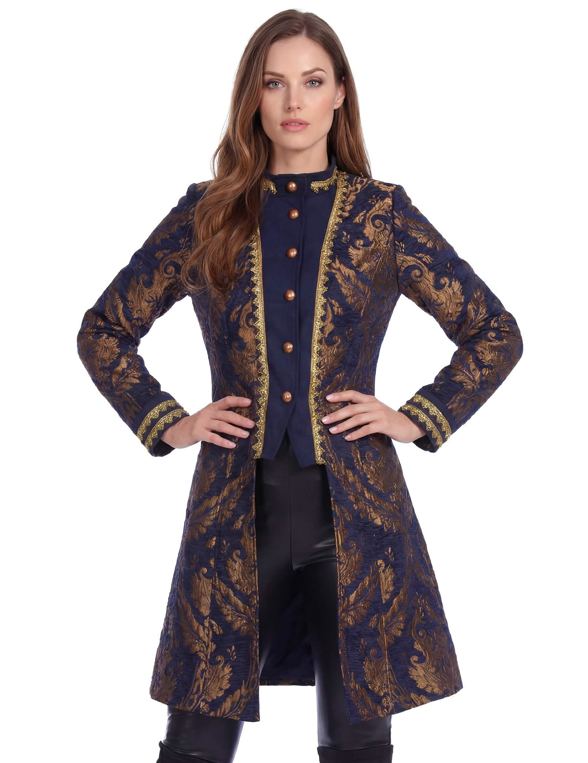 Vue de face de la coupe cintrée de la veste baroque brodée luxe pour femme