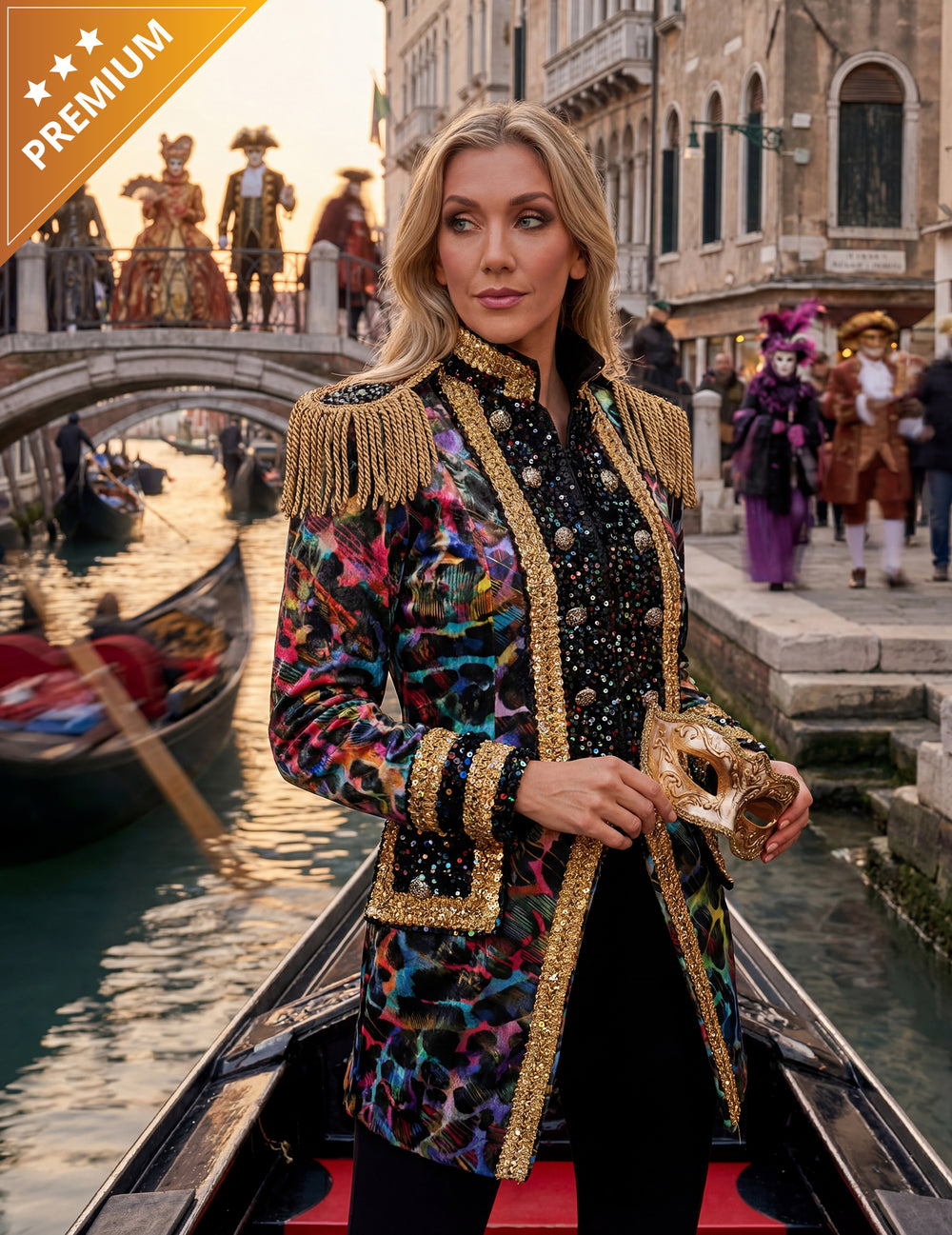 Veste de carnaval haut de gamme pour femme couleurs fluo avec dorures et épaulettes