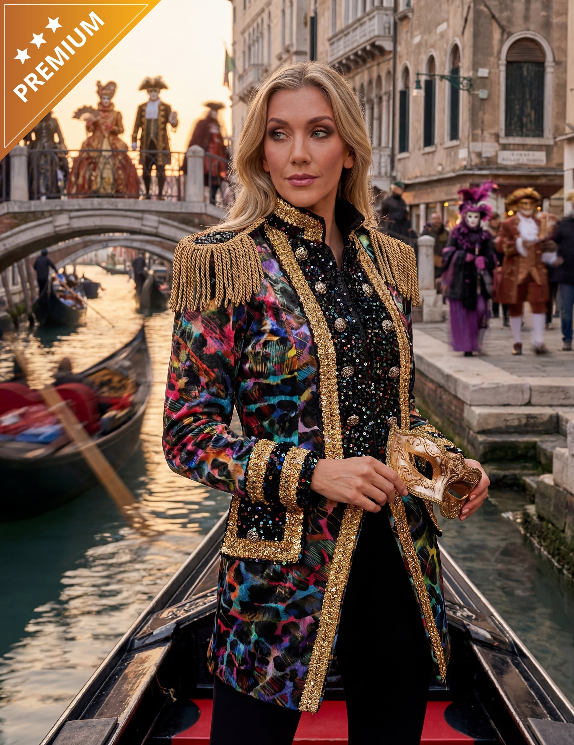 Veste de carnaval haut de gamme pour femme couleurs fluo avec dorures et épaulettes