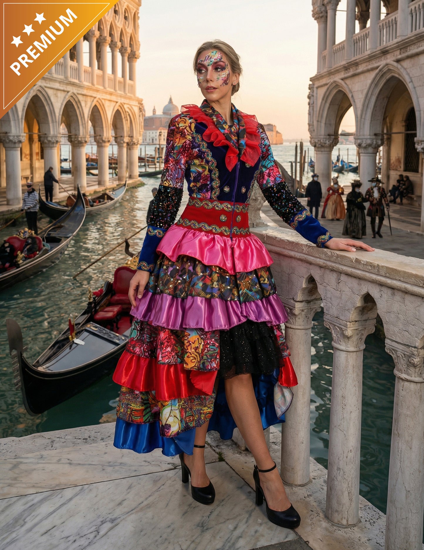 Prémium minőségű, színes női hosszú kabát Fiesta Karnevál stílusban 