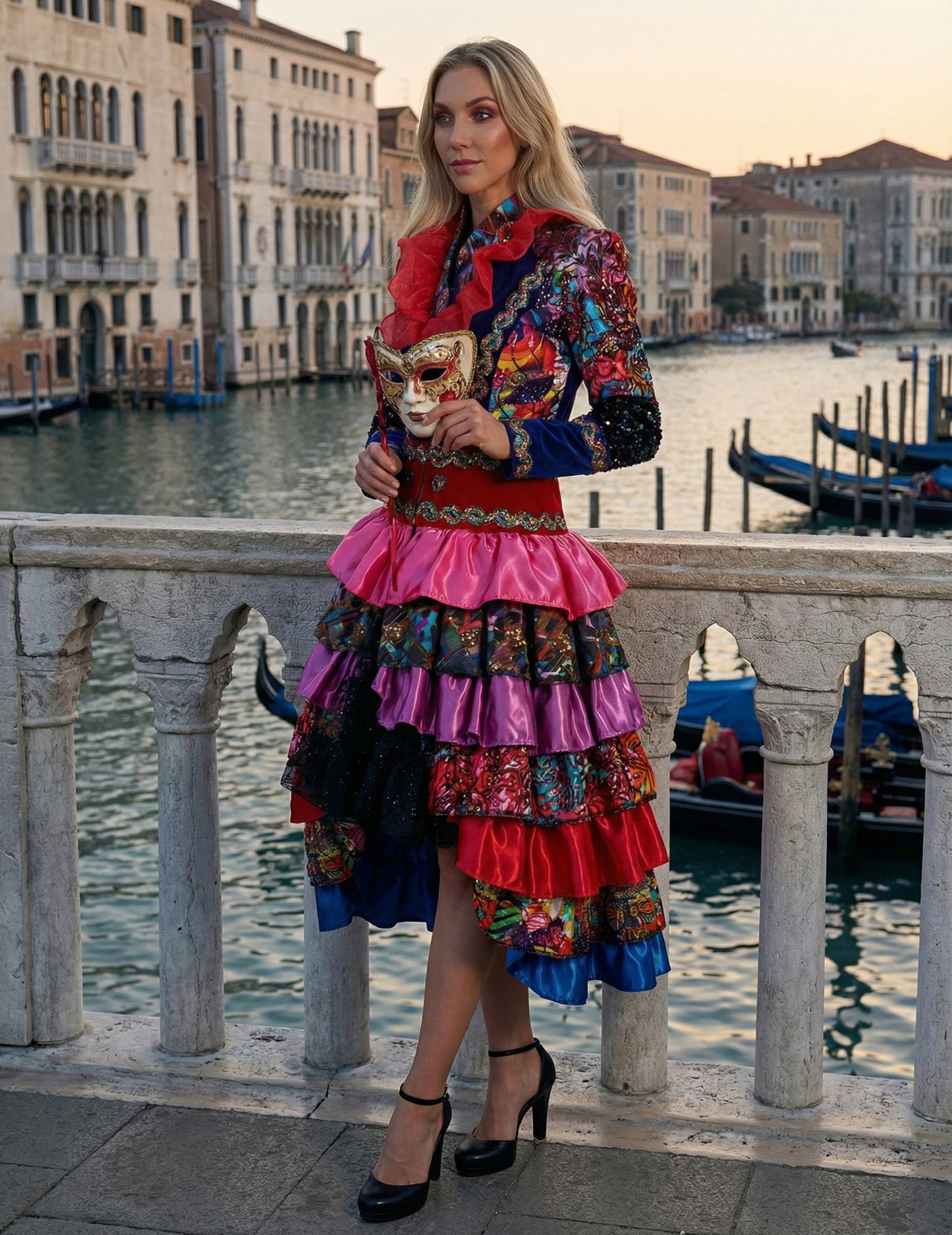 Prémium minőségű, színes női hosszú kabát Fiesta Karnevál stílusban 