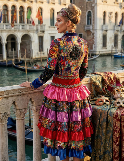 Prémium minőségű, színes női hosszú kabát Fiesta Karnevál stílusban 