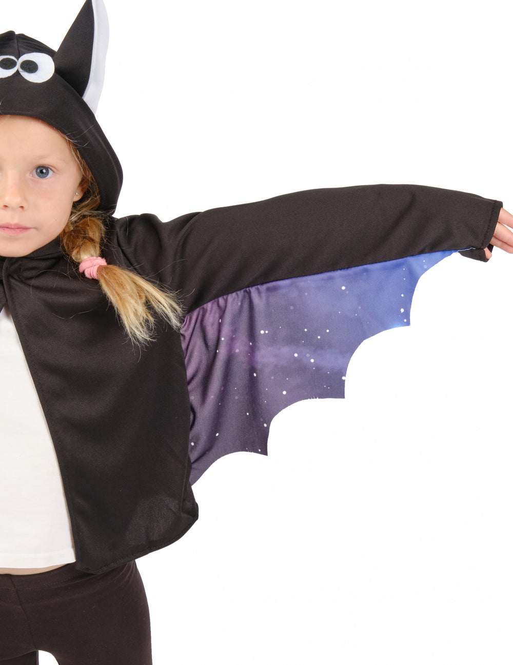 Détail de l'aile à motif galaxie de la veste de chauve-souris pour enfant
