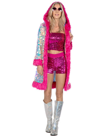 Luxus női hosszú kabát holografikus flitterekkel