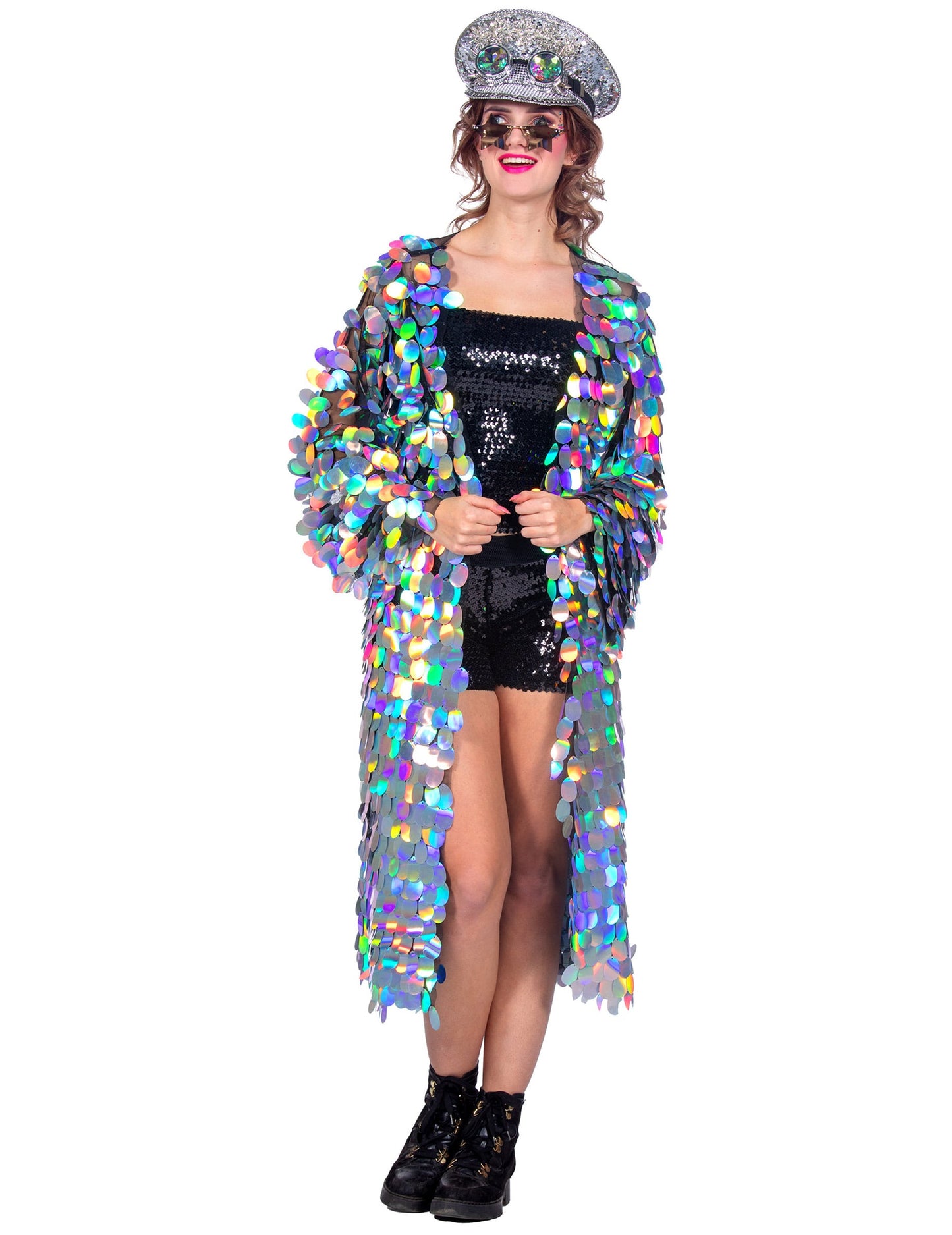 Veste longue à grosses paillettes luxe pour femme multicolore et holographique