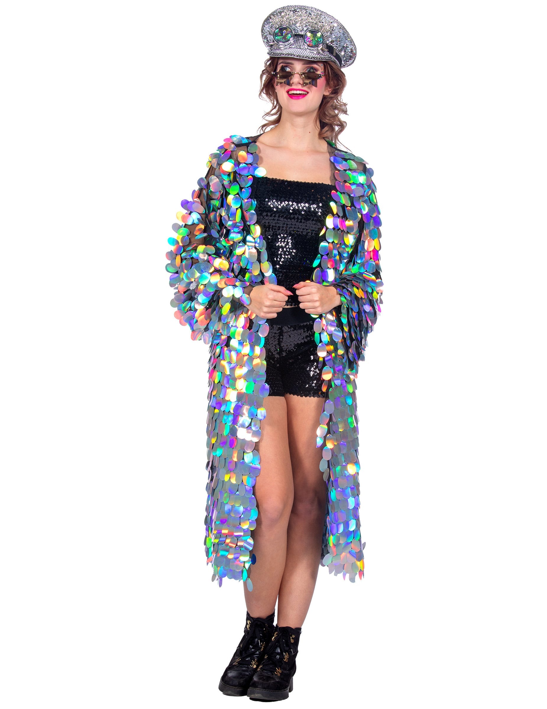 Veste longue à grosses paillettes luxe pour femme multicolore et holographique