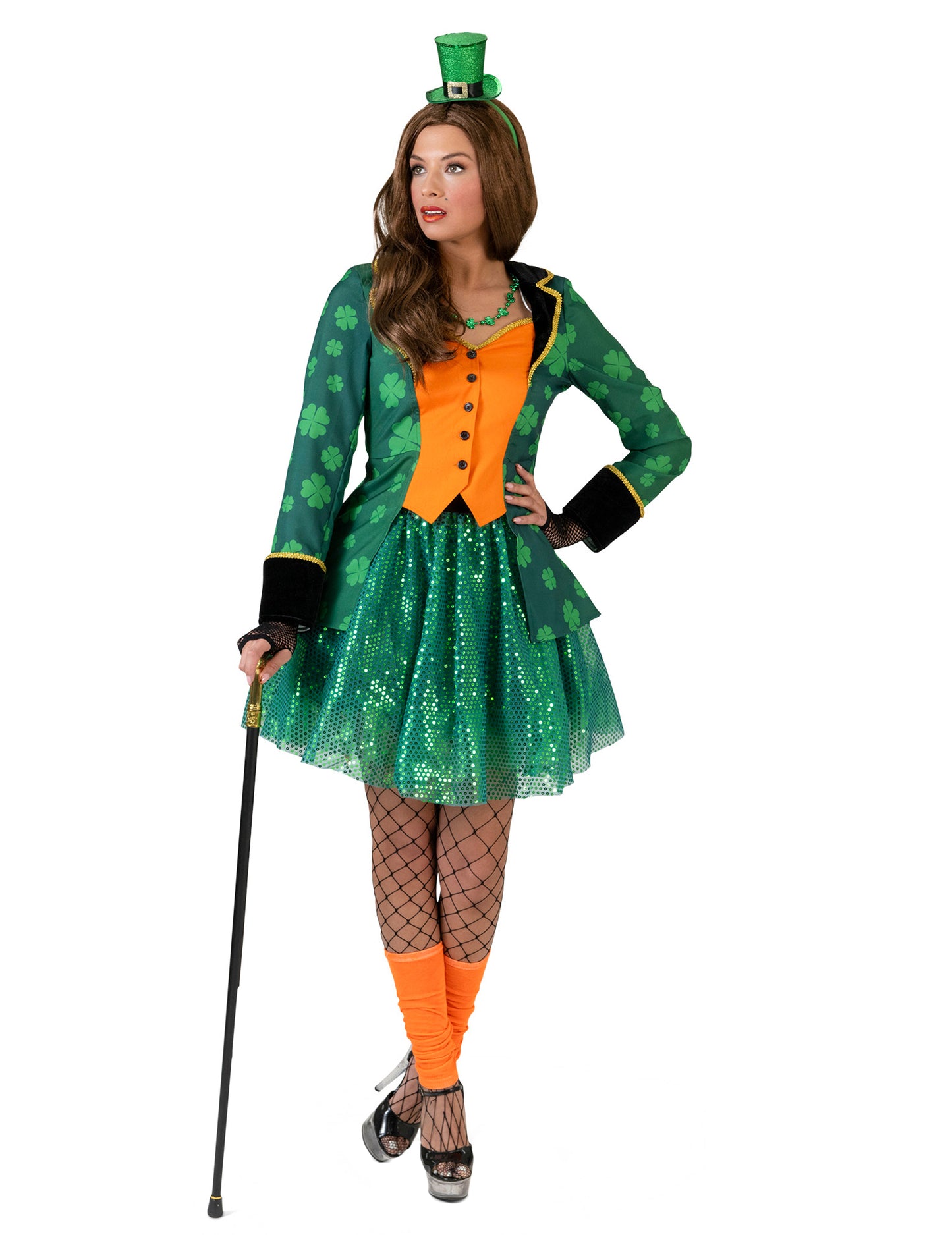 Veste queue de pie Saint Patrick à trèfles pour femme verte avec gilet orange
