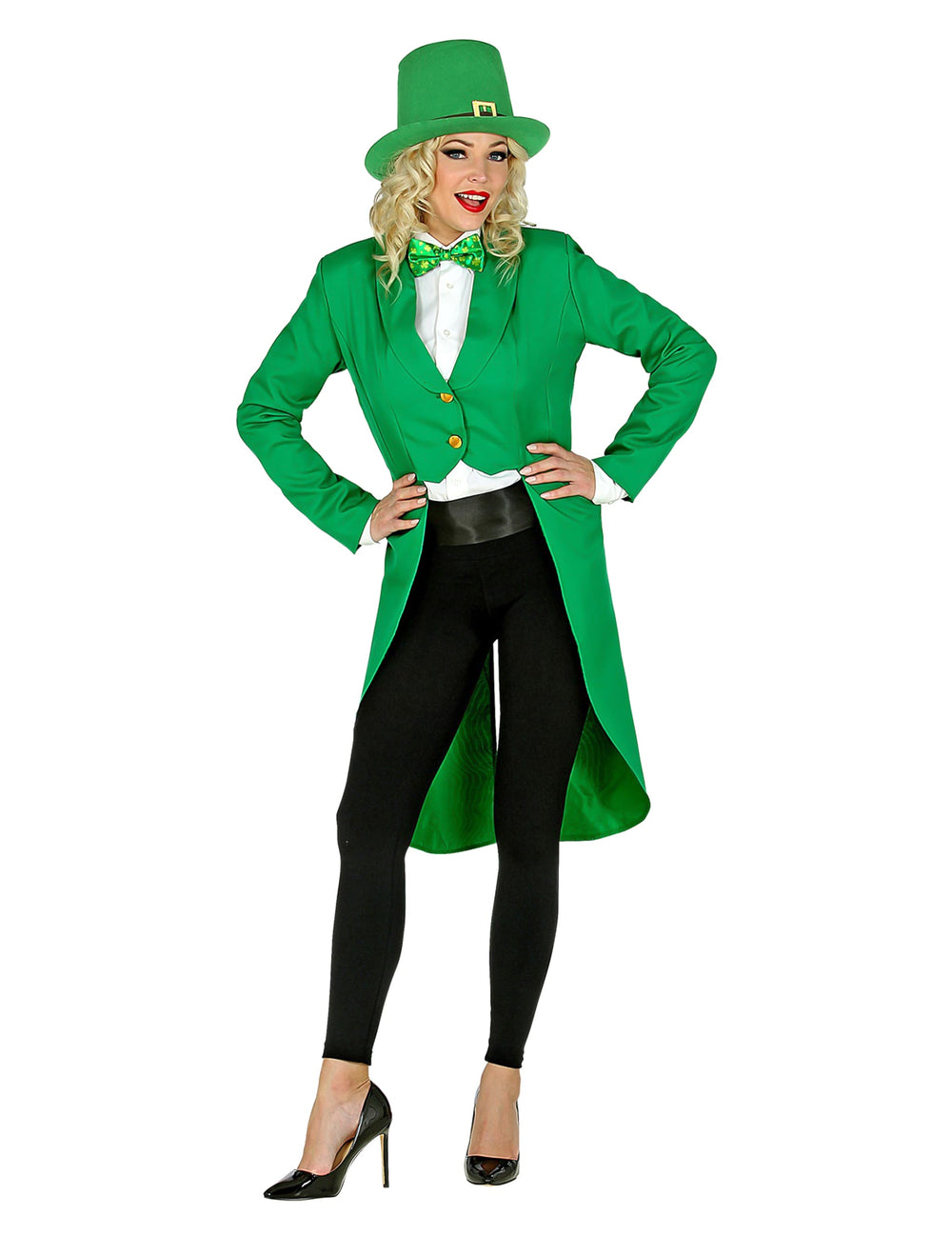 Veste queue de pie St Patrick pour femme verte avec chapeau et nœud papillon