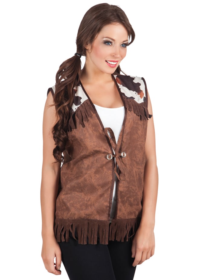 Veste western pour femme marron à franges et motifs vache