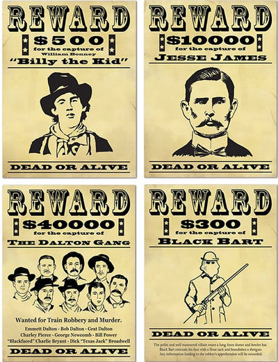 Affiches de récompense Bandits américains pour décoration noir et beige effet vintage
