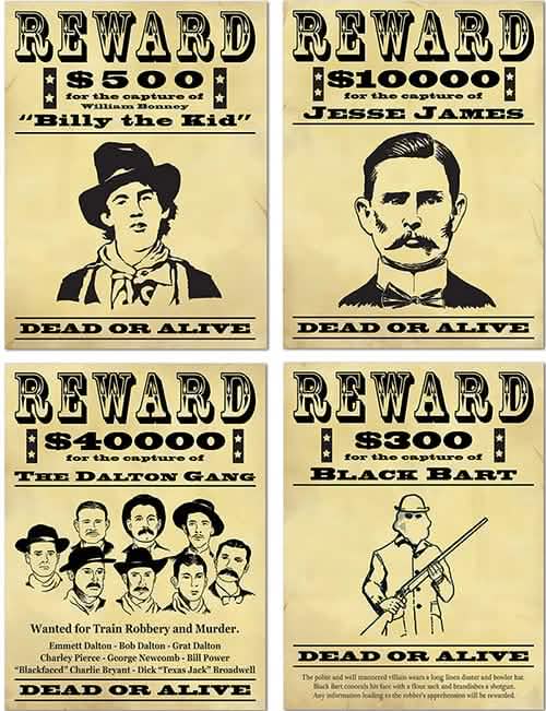 Amerikai banditák jutalomplakátjai fekete és bézs vintage hatású dekorációhoz
