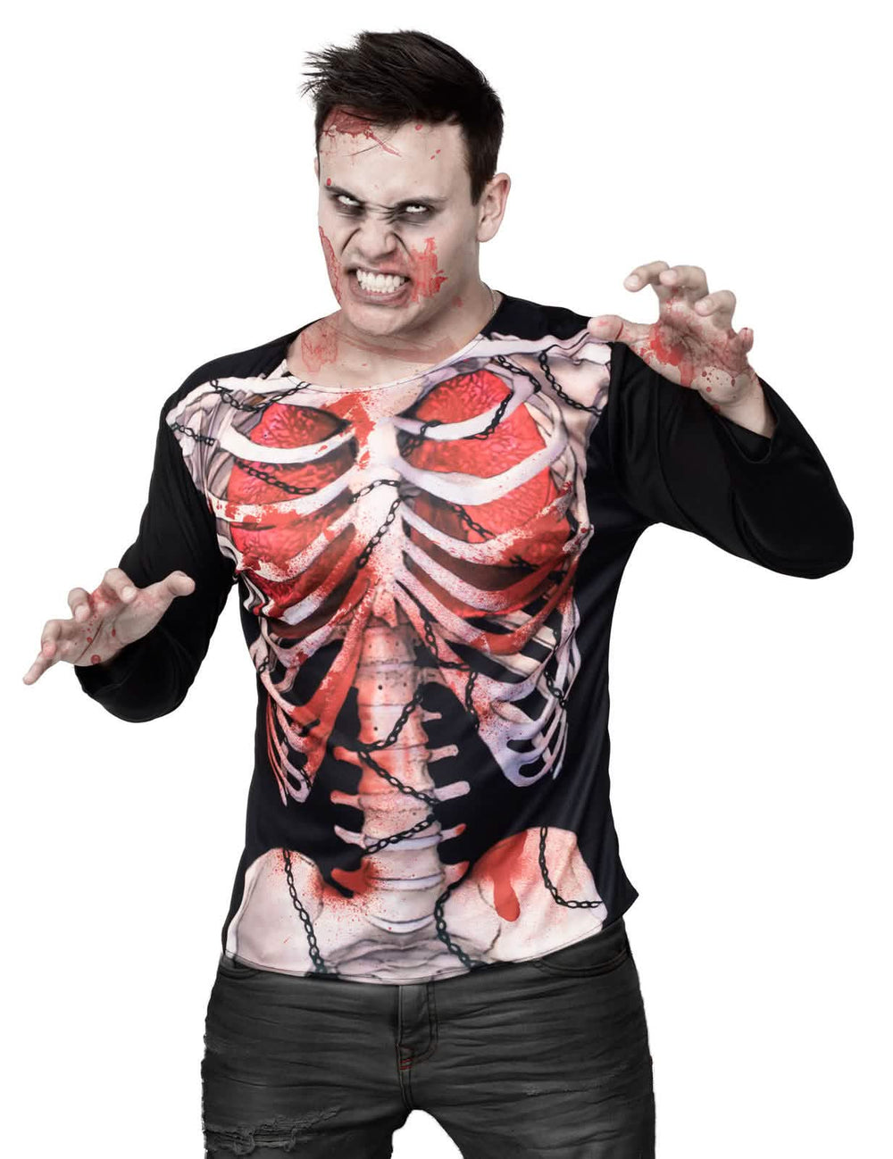 pólók zombik csontváz halloween férfi fekete vérrel pettyezett mellkasi bordakosár-mintával