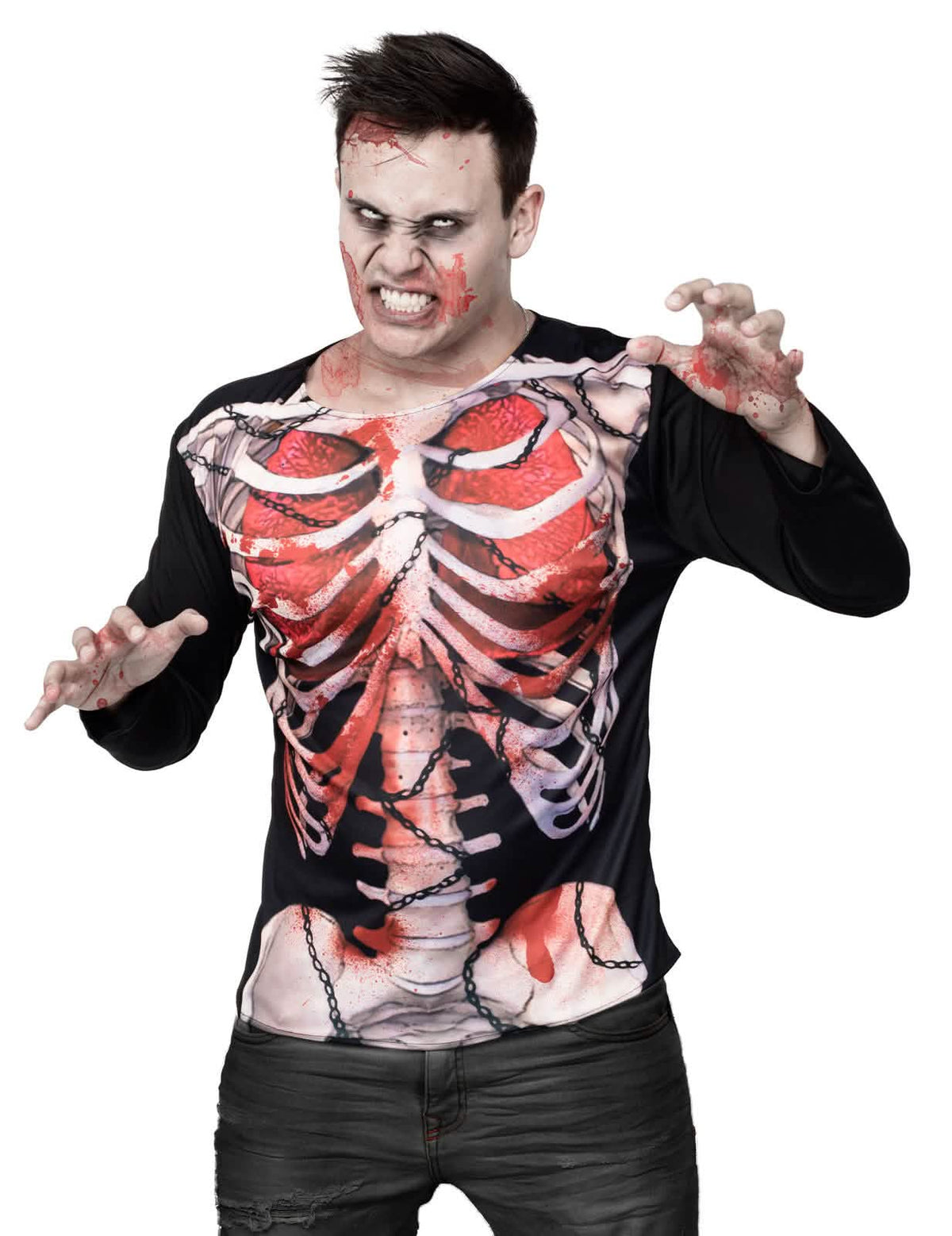 pólók zombik csontváz halloween férfi fekete vérrel pettyezett mellkasi bordakosár-mintával